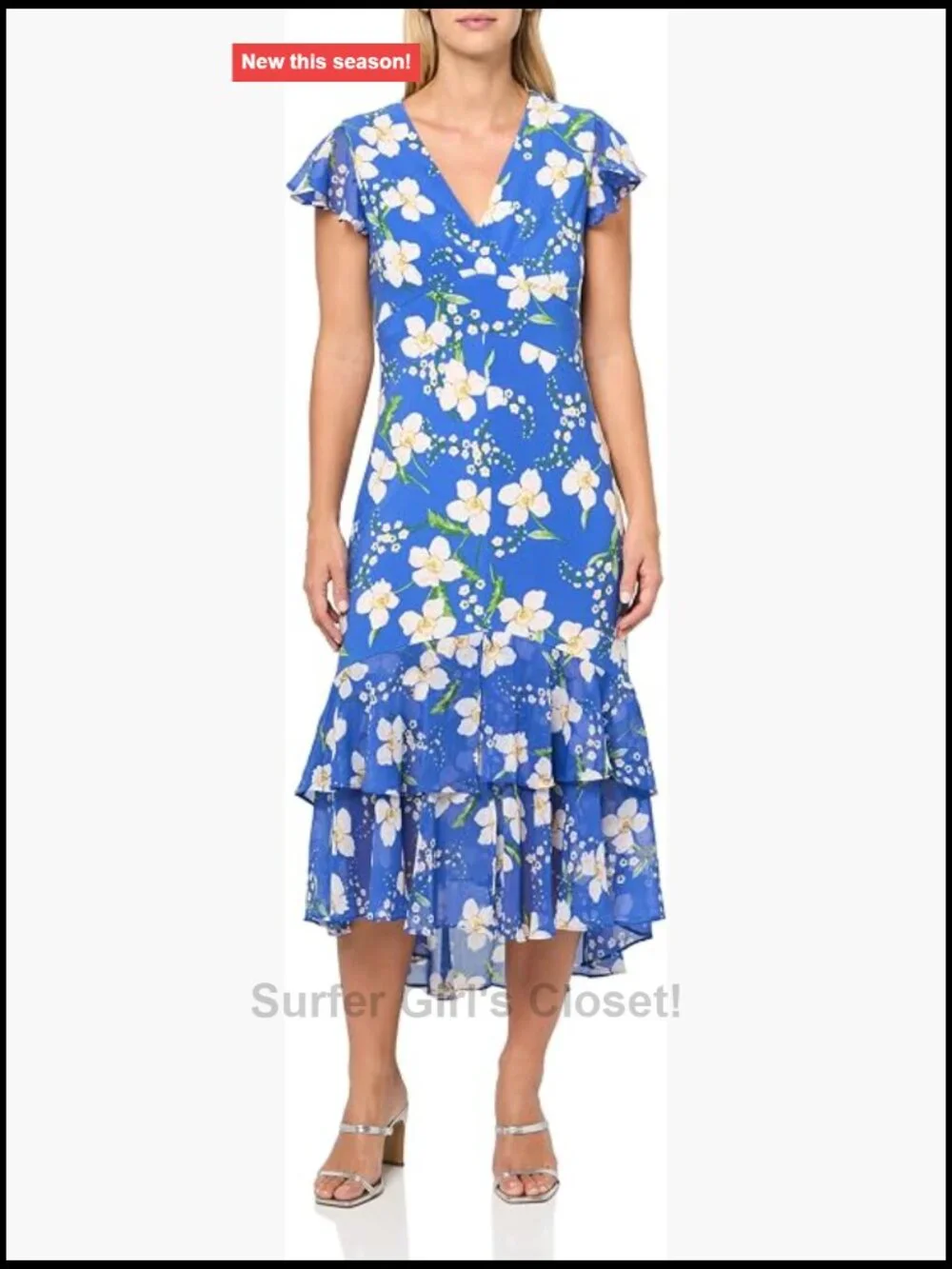 Flutter Sleeve V-Neck Ruffle Trim Chiffon Hi Lo Dress Maxi